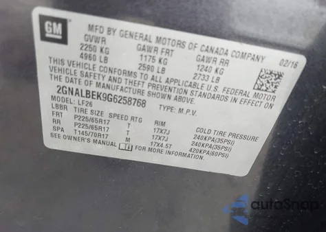 2016 Chevrolet Equinox Ls из США, поврежденный, VIN 2GNALBEK9G6258768